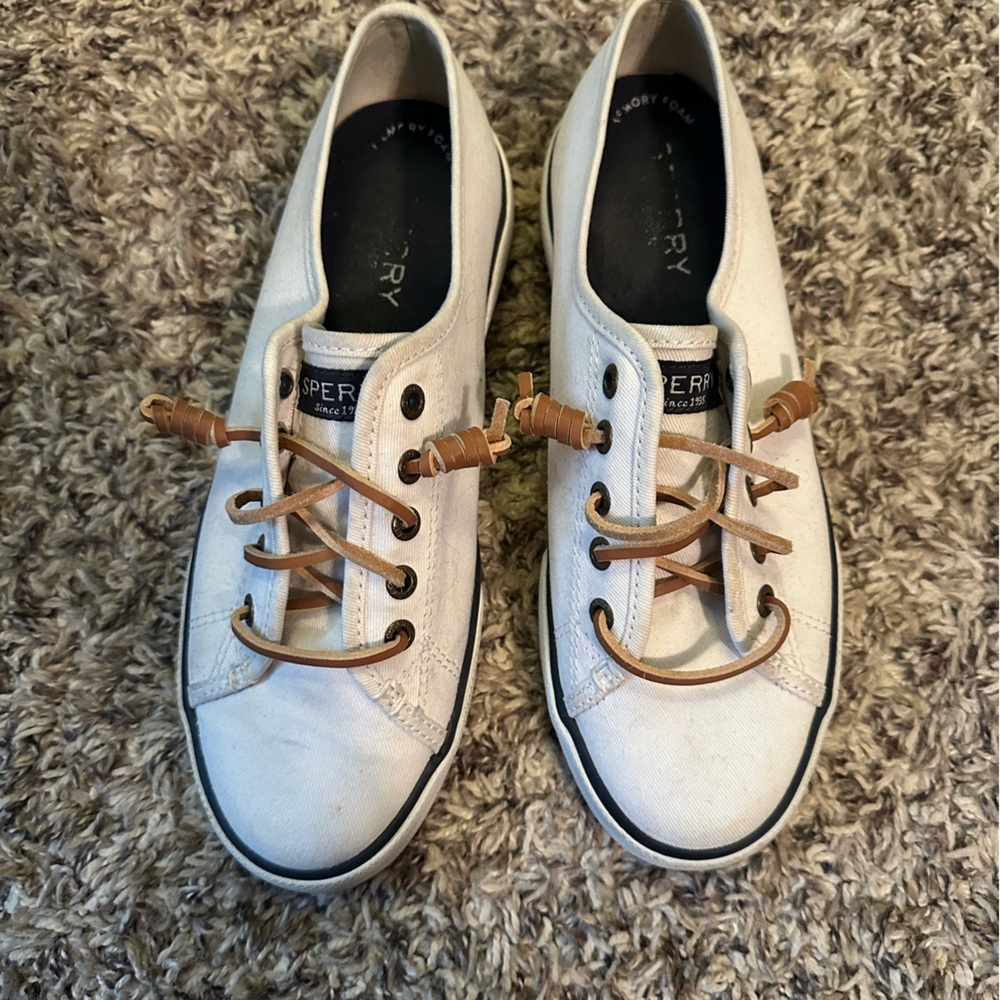 Casual White Sperry Sneakers with Brown Laces